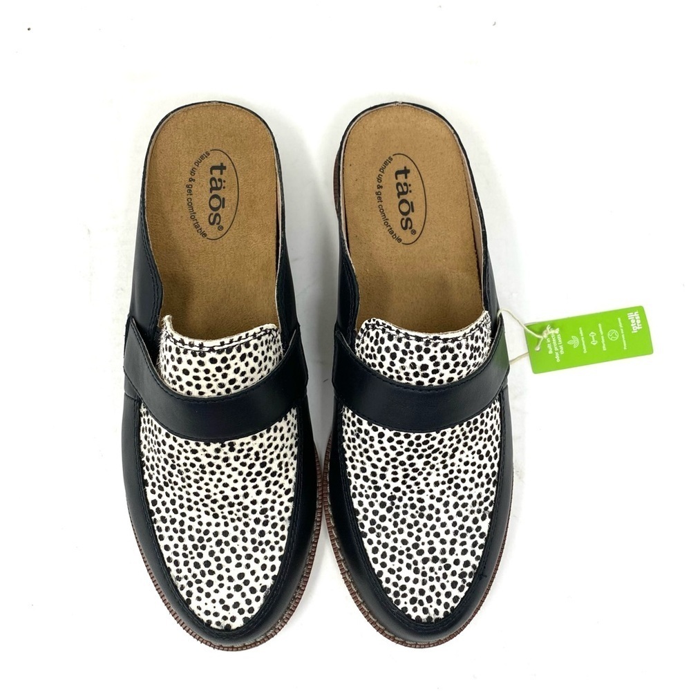 Taos Womens Royal Leather Slip-On Mule Loafer- Black/White Cheetah Mult - Picture 4 of 7
